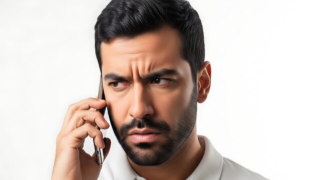 Man with a furrowed brow looking concerned while holding a smartphone to his ear on a white background