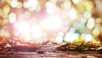 Autumn Leaves on Wood with Bokeh Lights Background