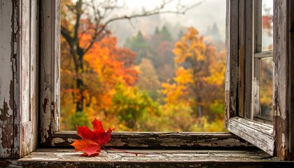 Autumn View Through an Old Window with Red Maple Leaf