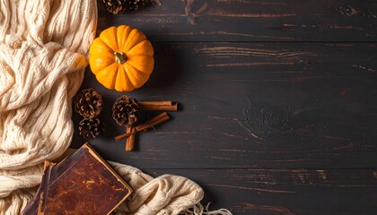 Autumn Still Life Pumpkin Scarf Pinecones Books