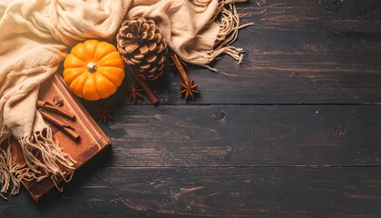 Autumn Still Life Pumpkin and Pinecone on Dark Wood