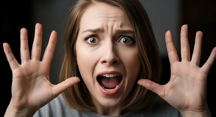 A terrified woman with wide eyes and open mouth holding hands up in a defensive scared gesture