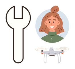 Smiling female, minimal quadcopter flying, and large wrench for repair, technology, engineering, innovation, futuristic tools, DIY projects and maintenance. Ideal for a simple flat metaphor