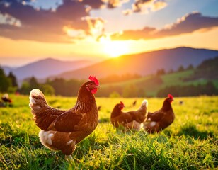 Fototapeta premium Chickens grazing in a vibrant green field at sunrise, mountains in the distance