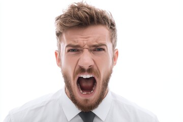 Portrait of angry bearded man screaming with wide open mouth isolated on white background