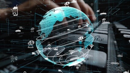 This image of a digital globe showcases a futuristic view of technology, representing global connectivity and communication overlaid on a keyboard, symbolizing modern networking. Xenic