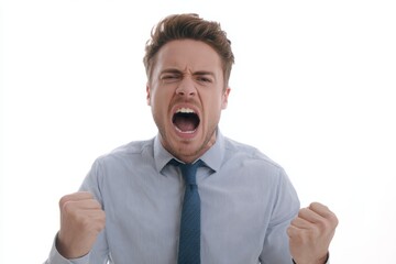 Frustrated young businessman shouting with clenched fists isolated on white background