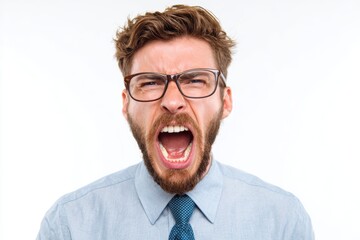 Close-up of angry man in glasses shouting loudly isolated on white background