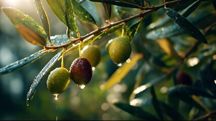 The olive branch glistens in the sunlight, showcasing ripe olives and fresh green leaves. The ripe olives and green leaves glisten with droplets, enhancing the natural beauty of th