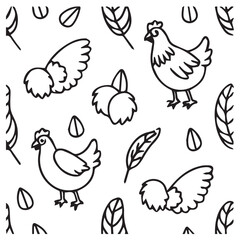 Farm animal pattern isolated on white background featuring chickens, wings, feathers, and seeds, capturing the essence of rural life and the charm of a countryside farm in a simple design