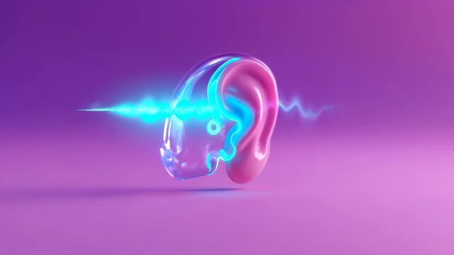 Hearing aid amplifying sound wave into an ear, concept of hearing improvement and technology for deafness footage.