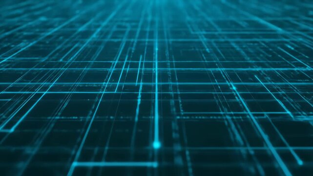 A deep blue digital grid with glowing lines and scattered particles. The perspective drawing shows lines receding into the distance in a dark, futuristic environment.