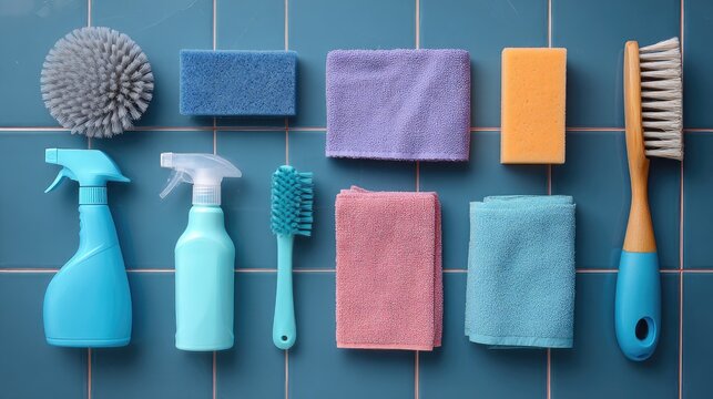 Colorful Cleaning Supplies on Blue Tile Surface including Sponges, Brushes, and Spray Bottles for Household and Kitchen Use
