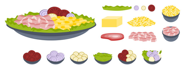Isolated vector cuisine dishes with meat, onion, ham, tomatoes, garlic, lettuce, cheese, butter and other ingredients 
