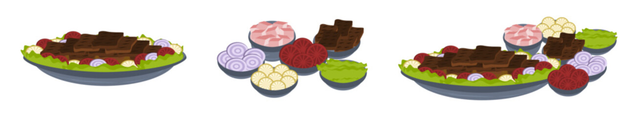 Isolated vector cuisine dishes of meat with onion, ham, tomatoes, garlic, lettuce and other ingredients 