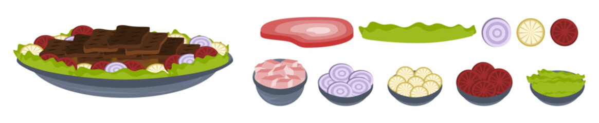 Isolated vector cuisine dishes with meat, onion, ham, tomatoes, garlic, lettuce and other ingredients 