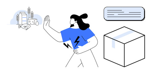 Woman gesturing refusal towards dairy foods with milk carton and cheese, expressing intolerance or allergies. Ideal for health, diet restriction, food caution, allergy awareness, packaging, nutrition