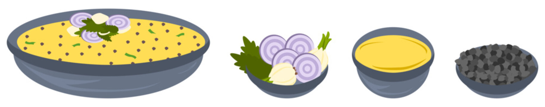 Isolated vector cuisine dishes with Indian gravy curry with pepper, oinon, garlic and mint leaves 