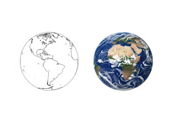 Obraz premium Sketch and realistic earth globe isolated on white background