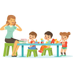 Smiling female teacher leads engaging lesson for three diverse children at a table with colorful blocks and alphabet letters on a transparent background illustration