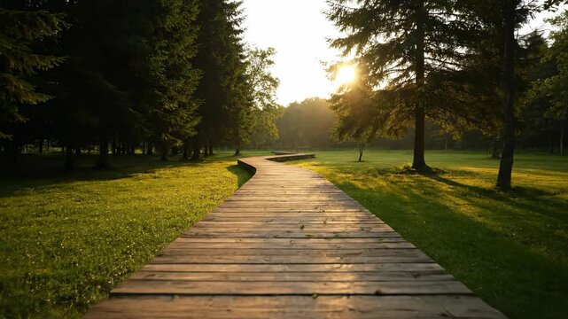 Golden hour sunlight illuminating an empty rustic wooden path winding through a peaceful summer camp clearing with tall trees on either side wilderness, evening, peaceful walk