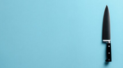 Sharp kitchen knife with a black handle on a light blue background, perfect for culinary and cooking-related projects and stock photography needs.