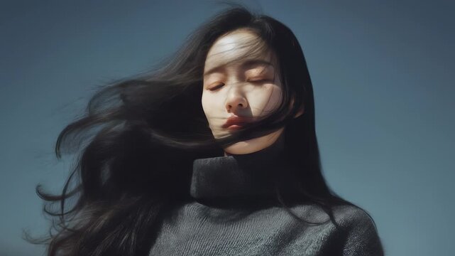A woman stands against a clear sky, her long hair flowing in the gentle breeze. The woman and her flowing hair create a harmonic connection with the serene atmosphere.