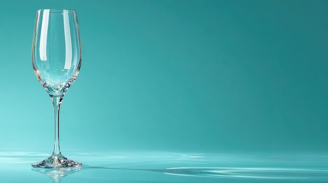 Elegant empty wine glass on a smooth turquoise surface reflecting light, perfect for beverage promotions and upscale dining experiences in stock photos
