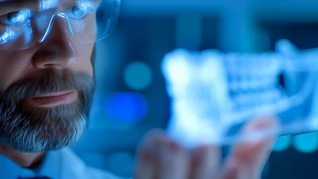 Male dentist examining digital jaw model in futuristic setting for dental care and medicine, animation