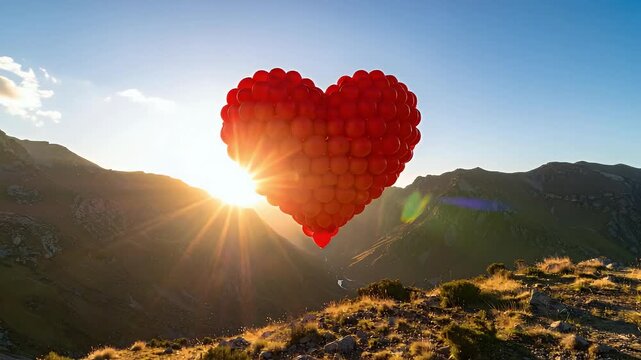 Heart-shaped cluster of red balloons soaring over a mountain landscape at sunrise, radiating love, hope, and adventure.