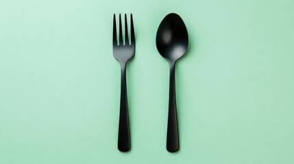 Black Plastic Fork and Spoon on Mint Background, Perfect for Minimalist Dining Decor and Stylish Table Presentation in Food Photography