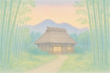 古民家と山の夕暮れ