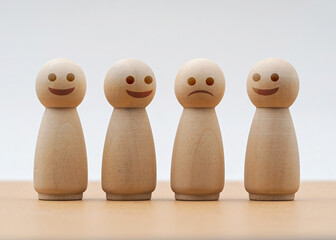 Wooden figures showing different emotions on a simple background during a creative display