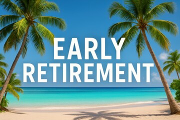 Tropical beach scene with palm trees, turquoise water, and clear blue sky, featuring the bold text “EARLY RETIREMENT” in the center. Represents financial freedom, relaxed lifestyle