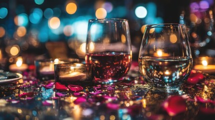Romantic dinner setting with glasses and candles intimate restaurant evening ambiance soft lighting