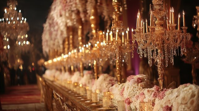 Elegant wedding reception setup with crystal chandeliers luxurious venue event decor romantic atmosphere close-up view celebration