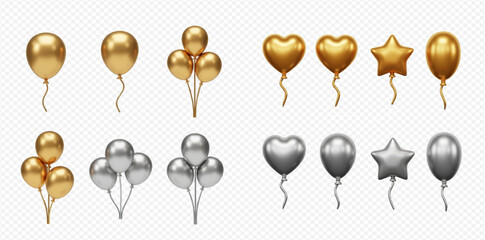 Shiny gold and silver balloons of various shapes, including hearts, stars, and round shapes, arranged in two rows.