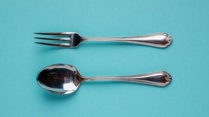 Silver Fork and Spoon on a Light Blue Background, Elegant Tableware for Dining, Perfect for Culinary and Kitchen Related Photography Needs