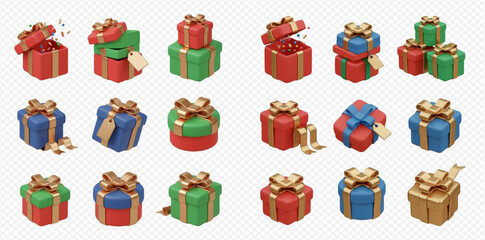 Festive assortment of colorful gift boxes with ribbons and bows.