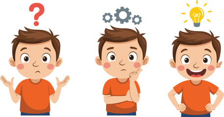 Cartoon boy thinking, confused child gesture, problem solving stages, idea light bulb, gears concept, emotional expression, educational character design