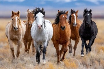 Wild Horses Running Free Across Open Field