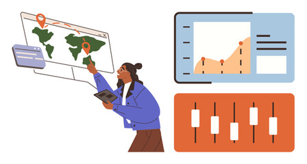 Person using maps with location markers, examining graphs, charts, and panel controls. Ideal for data analysis, global strategy, business workflows, market trends, tech innovation digital