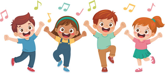 Cartoon children dancing, happy kids illustration, musical notes above, joyful movement, playful expression, childhood fun, music activity, colorful character design