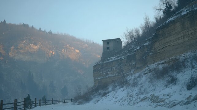 Mysterious abandoned structure on cliffside winter landscape historical architecture cold environment wide-angle view