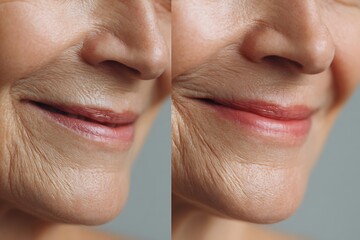 Obraz premium Comparative images of middle-aged and older skin smiles show the deepening of creases.