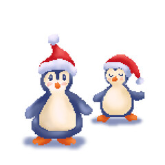 Pixel penguins in Santa hats in soft retro style, perfect for Christmas cards, posters, packaging and winter decor