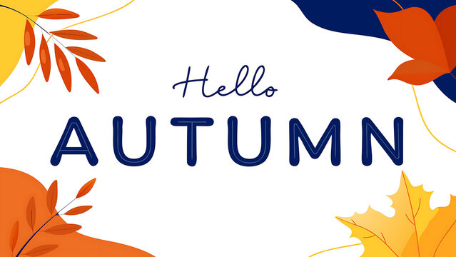 A hello autumn graphic with orange and yellow leaves on a white background and navy text