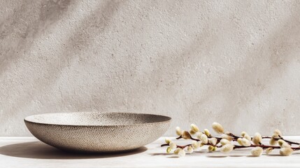 Elegant textured bowl on natural stone background with delicate spring branches, showcasing minimalism and contemporary design aesthetics in modern decor
