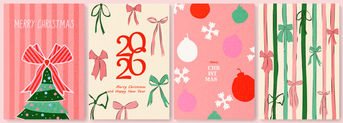 A set of gift cards for the New Year 2026 and Christmas holidays with bows and ribbons, a Christmas tree, and baubles in a modern hand-drawn style for decorating covers, packaging, and invitations.