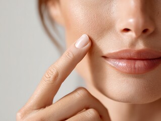 Fototapeta premium Gently apply cream to the cheeks with your fingertips, perfect for a skincare brand advertisement.